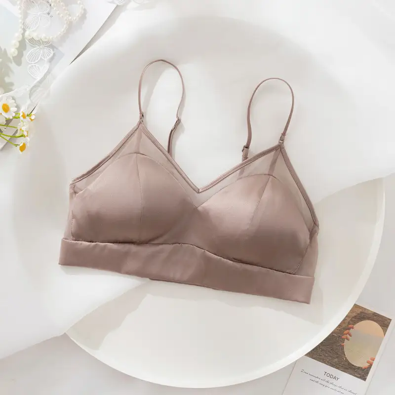 Satin Silk Bra French Mulberry Silk Bra Thin Lace Beautiful Back One Piece Suspender Wireless Underwear for Women