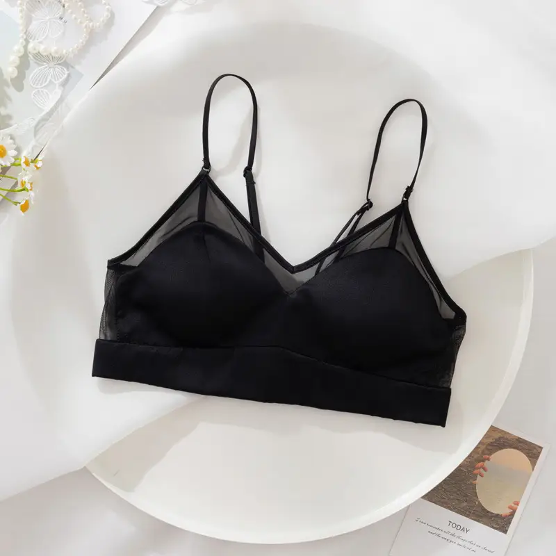 Satin Silk Bra French Mulberry Silk Bra Thin Lace Beautiful Back One Piece Suspender Wireless Underwear for Women