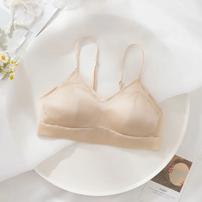 Satin Silk Bra French Mulberry Silk Bra Thin Lace Beautiful Back One Piece Suspender Wireless Underwear for Women