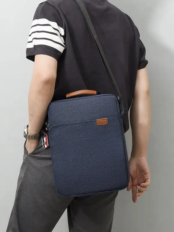 Men's Blue Oxford Crossbody Bag with Leather Strap - Image 11