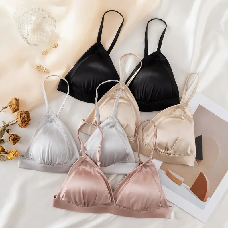 French triangle cup bra thin skin-friendly breathable comfortable mulberry silk bra without steel ring glossy underwear for women