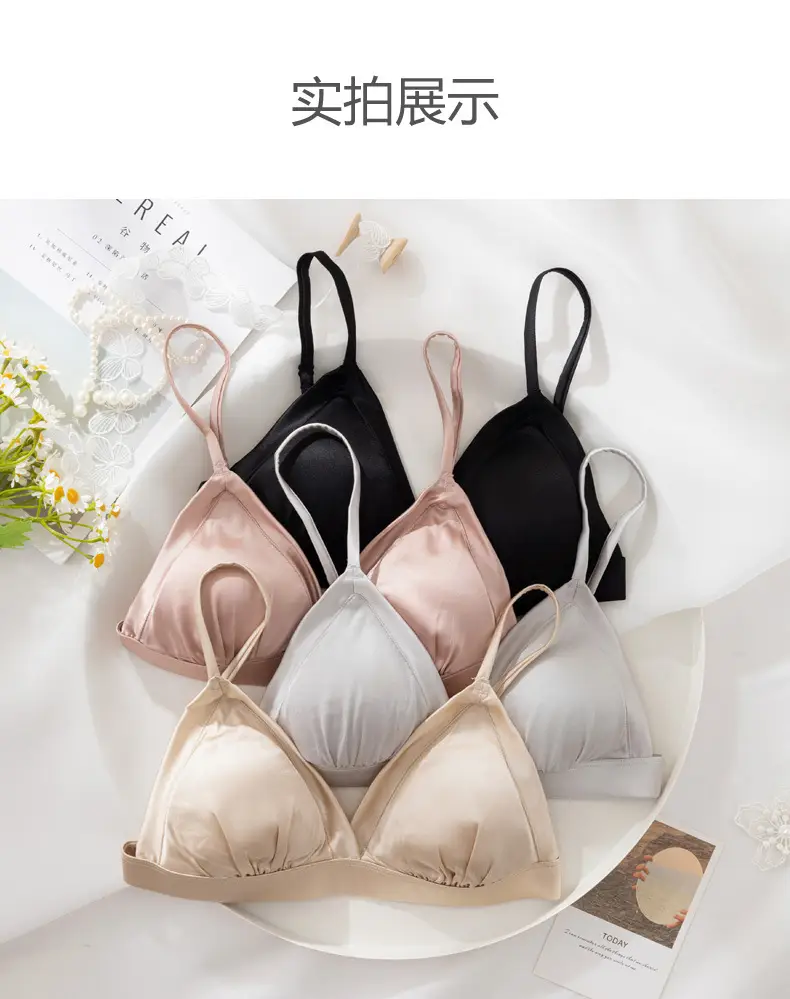 French triangle cup bra thin skin-friendly breathable comfortable mulberry silk bra without steel ring glossy underwear for women — feature 10