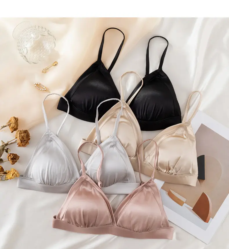 French triangle cup bra thin skin-friendly breathable comfortable mulberry silk bra without steel ring glossy underwear for women — feature 11