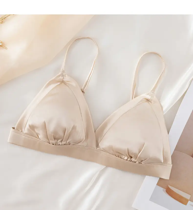 French triangle cup bra thin skin-friendly breathable comfortable mulberry silk bra without steel ring glossy underwear for women — feature 14