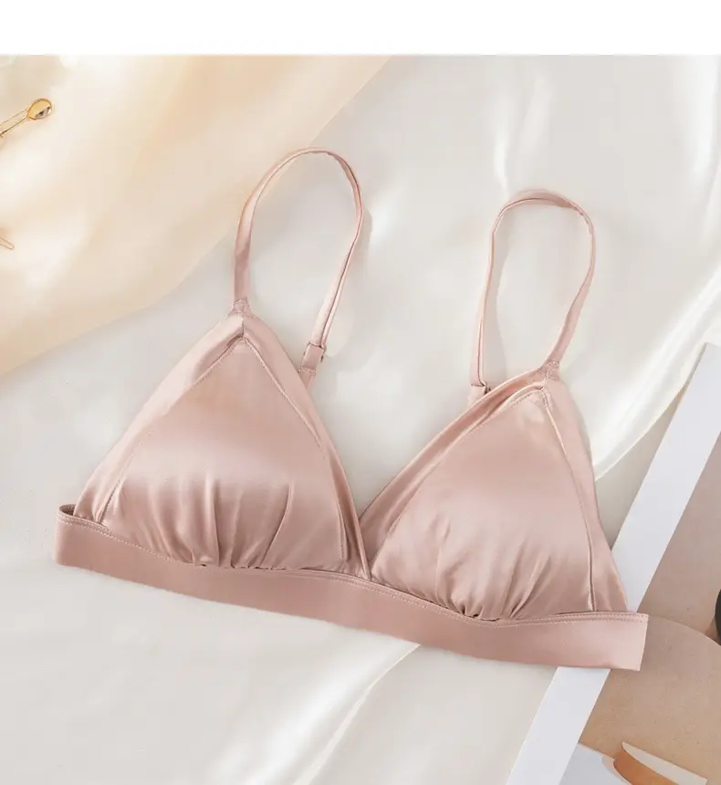 French triangle cup bra thin skin-friendly breathable comfortable mulberry silk bra without steel ring glossy underwear for women — feature 15