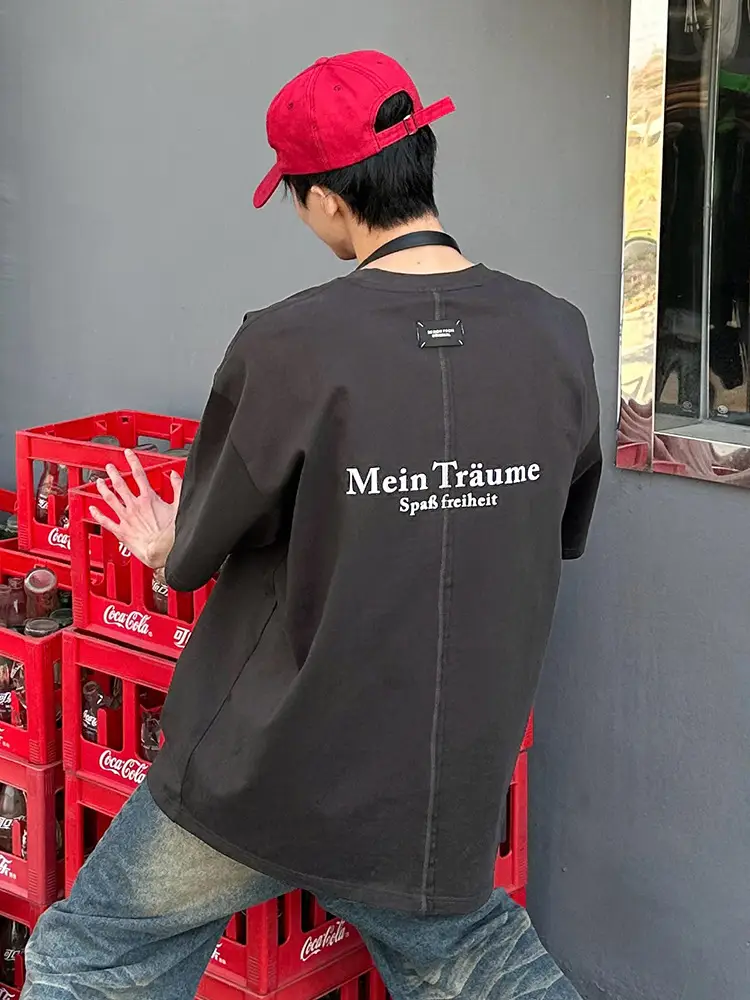 Men Yellow Retro Letter Printed T-Shirt Short Sleeve - Image 5