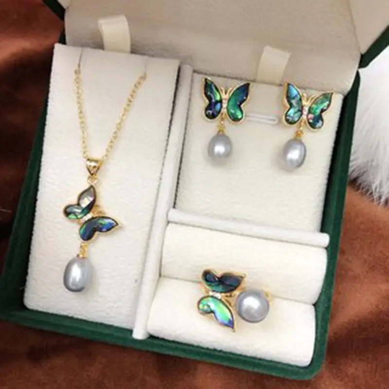 Butterfly Pearl Necklace Earrings Ring Set - Image 4
