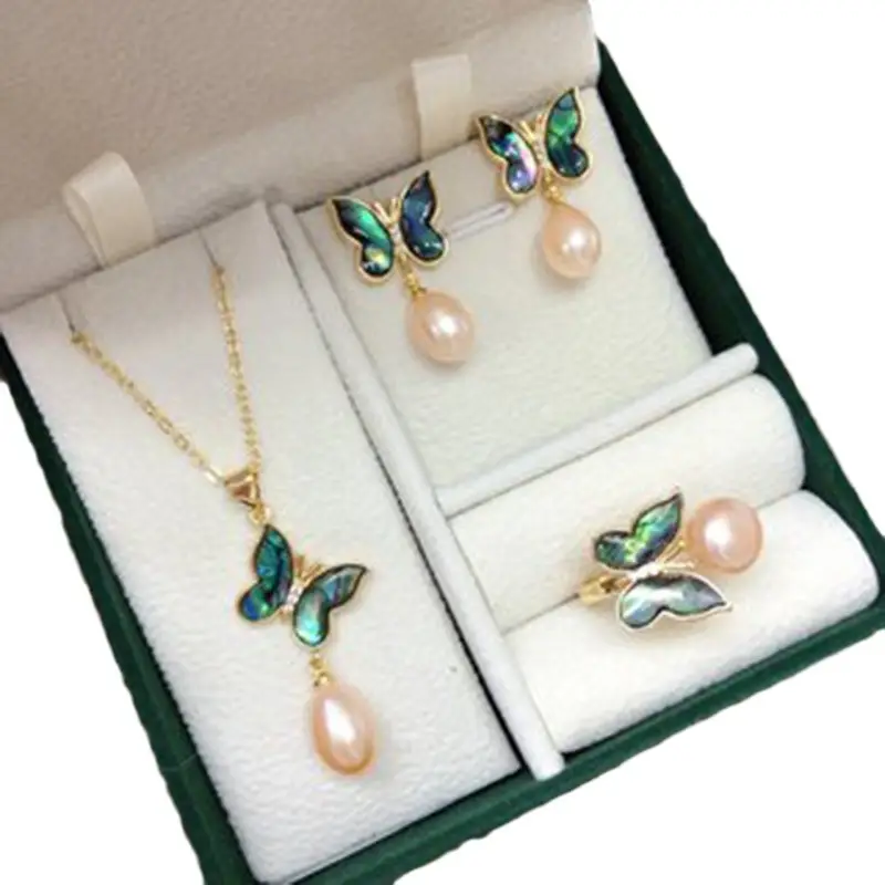 Butterfly Pearl Necklace Earrings Ring Set - Image 7