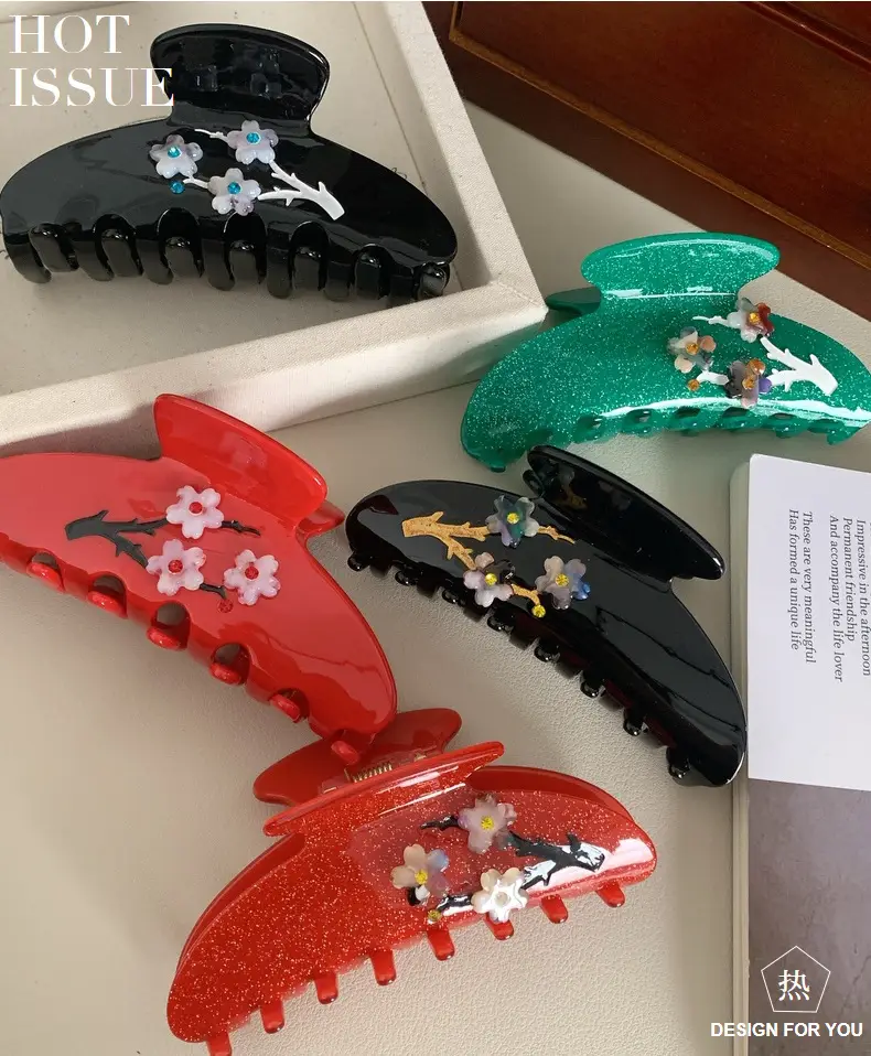 New Plum Blossom Acetate Hair Clip with Light Blue Accents — feature 3