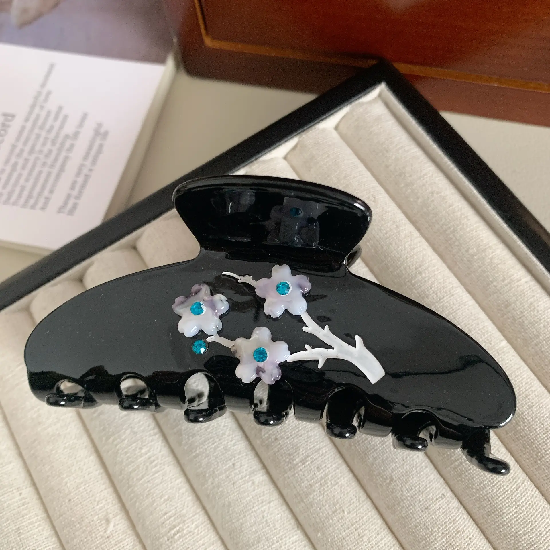 New Plum Blossom Acetate Hair Clip with Light Blue Accents - Image 2