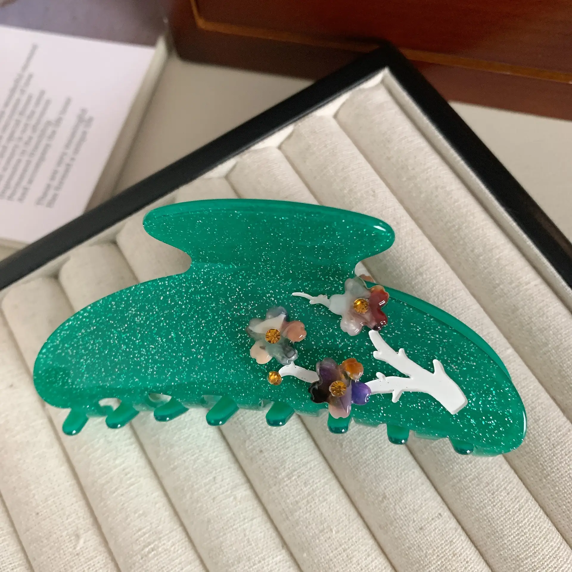New Plum Blossom Acetate Hair Clip with Light Blue Accents - Image 3