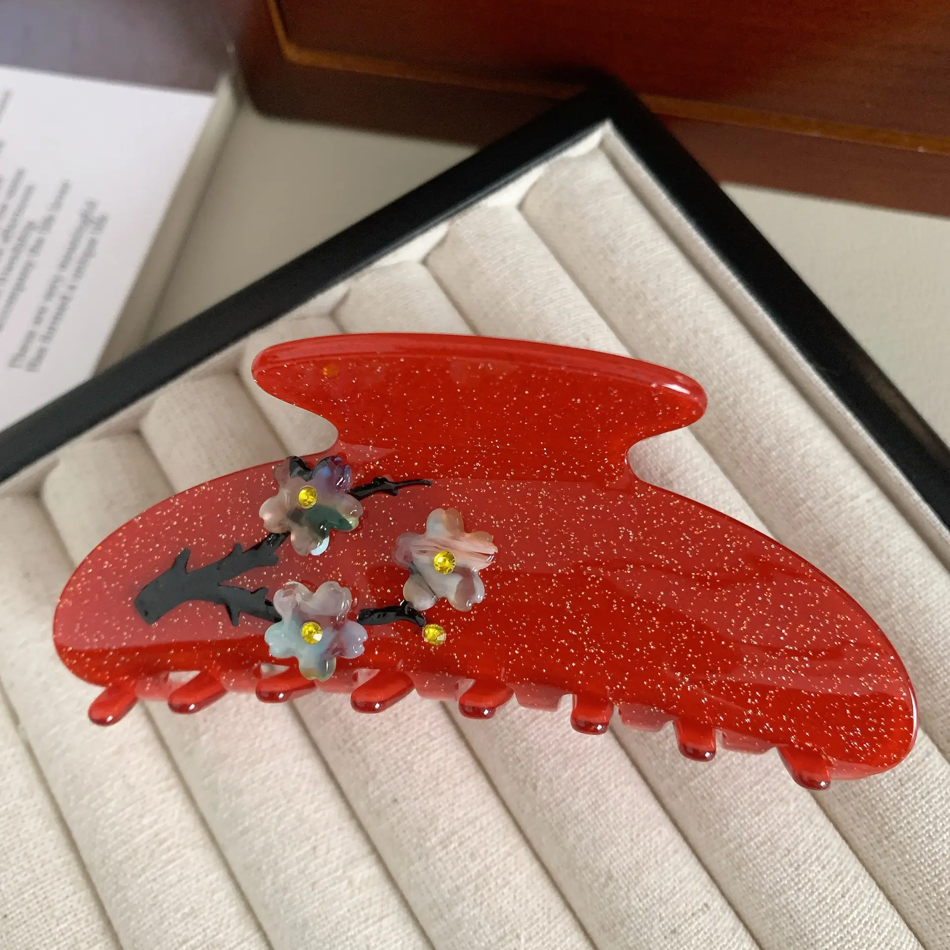 New Plum Blossom Acetate Hair Clip with Light Blue Accents - Image 4