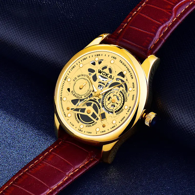 Wokai Gold Skeleton Men's Quartz Watch Brown Leather Strap