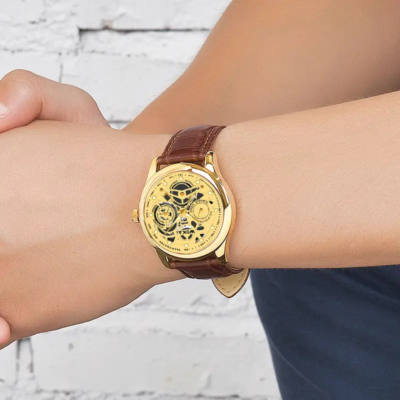 Wokai Gold Skeleton Men's Quartz Watch Brown Leather Strap