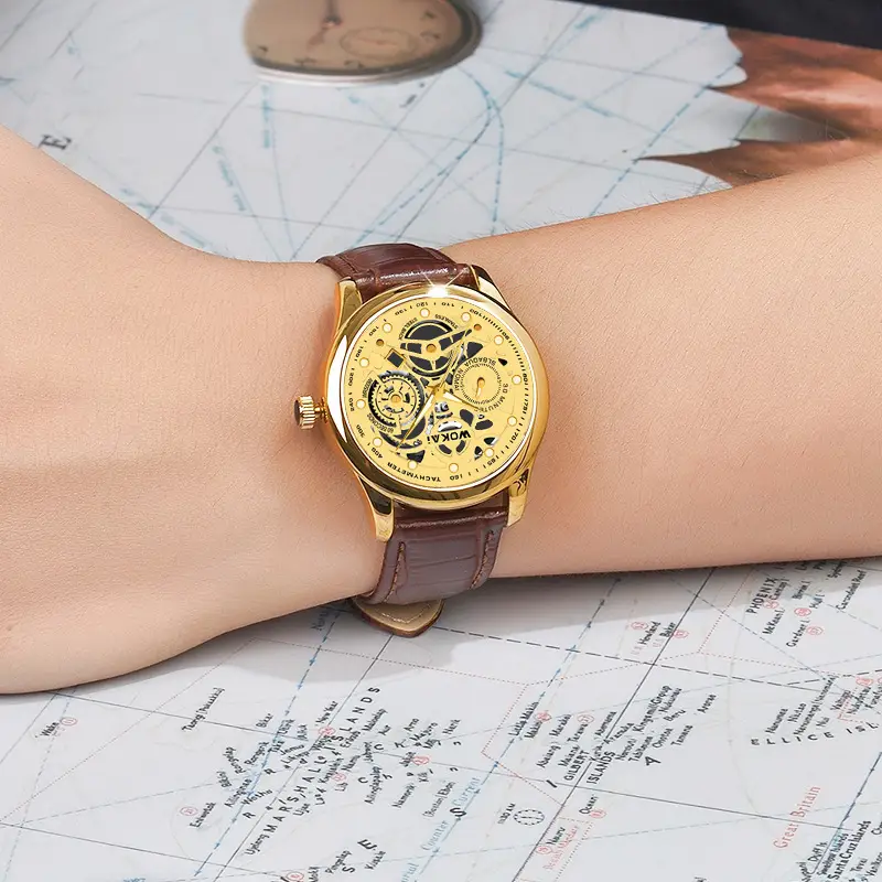 Wokai Gold Skeleton Men's Quartz Watch Brown Leather Strap