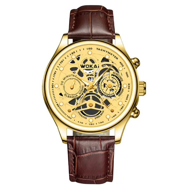 Wokai Gold Skeleton Men's Quartz Watch Brown Leather Strap