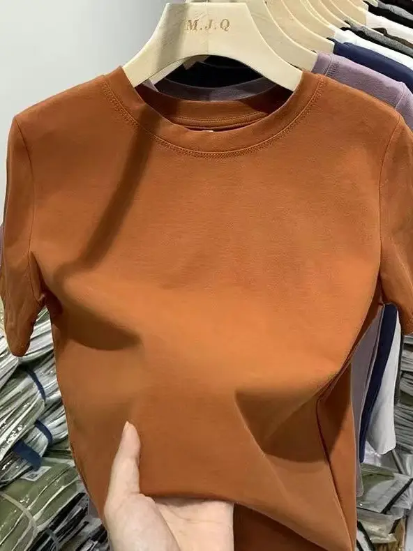 Elastic thread cotton European cargo shoulder casual solid color short-sleeved T-shirt for women 2024 New slim bottoming shirt top for women
