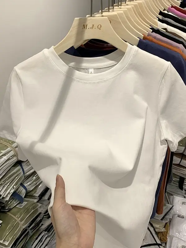 Elastic thread cotton European cargo shoulder casual solid color short-sleeved T-shirt for women 2024 New slim bottoming shirt top for women