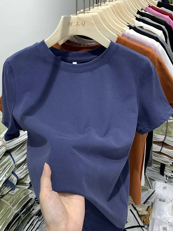 Elastic thread cotton European cargo shoulder casual solid color short-sleeved T-shirt for women 2024 New slim bottoming shirt top for women