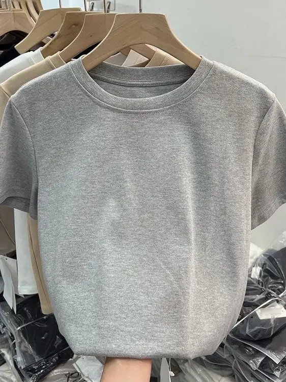 Elastic thread cotton European cargo shoulder casual solid color short-sleeved T-shirt for women 2024 New slim bottoming shirt top for women