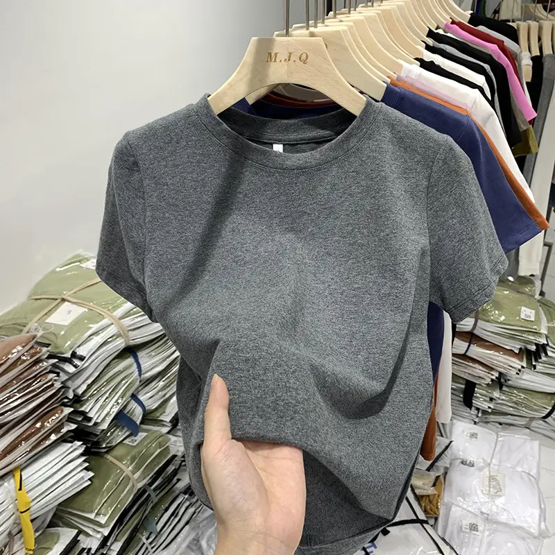Elastic thread cotton European cargo shoulder casual solid color short-sleeved T-shirt for women 2024 New slim bottoming shirt top for women — feature 8