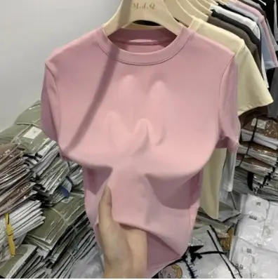 Elastic thread cotton European cargo shoulder casual solid color short-sleeved T-shirt for women 2024 New slim bottoming shirt top for women