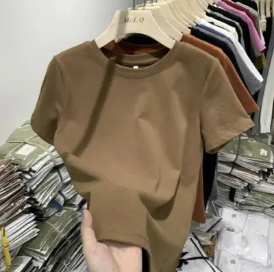 Elastic thread cotton European cargo shoulder casual solid color short-sleeved T-shirt for women 2024 New slim bottoming shirt top for women