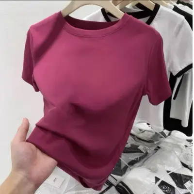 Elastic thread cotton European cargo shoulder casual solid color short-sleeved T-shirt for women 2024 New slim bottoming shirt top for women