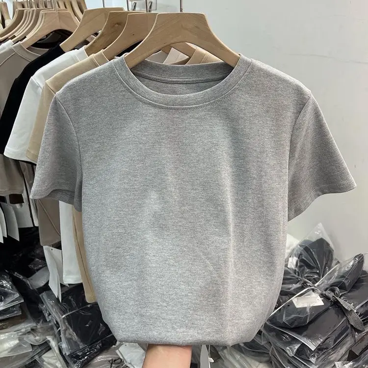 Elastic thread cotton European cargo shoulder casual solid color short-sleeved T-shirt for women 2024 New slim bottoming shirt top for women