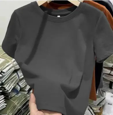Elastic thread cotton European cargo shoulder casual solid color short-sleeved T-shirt for women 2024 New slim bottoming shirt top for women
