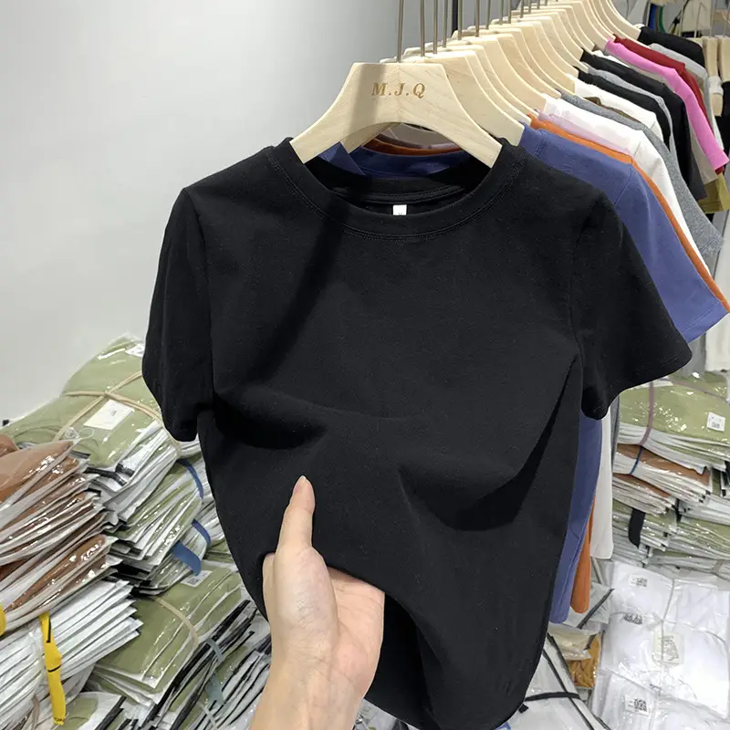 Elastic thread cotton European cargo shoulder casual solid color short-sleeved T-shirt for women 2024 New slim bottoming shirt top for women