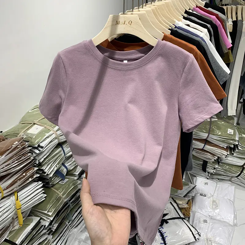 Elastic thread cotton European cargo shoulder casual solid color short-sleeved T-shirt for women 2024 New slim bottoming shirt top for women