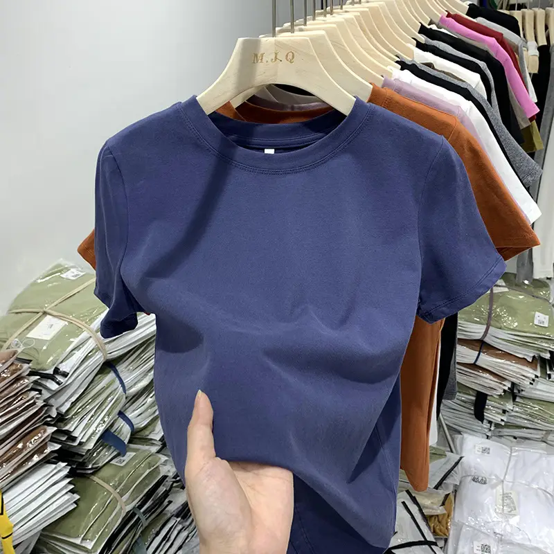 Elastic thread cotton European cargo shoulder casual solid color short-sleeved T-shirt for women 2024 New slim bottoming shirt top for women