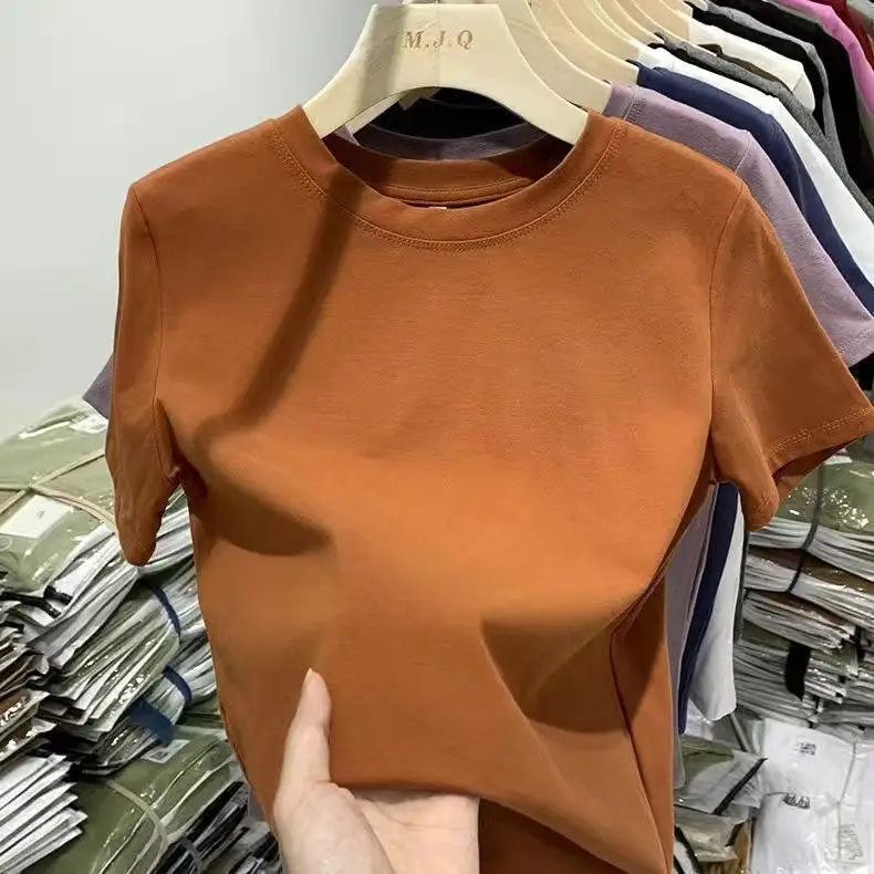 Elastic thread cotton European cargo shoulder casual solid color short-sleeved T-shirt for women 2024 New slim bottoming shirt top for women
