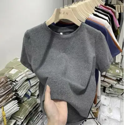 Elastic thread cotton European cargo shoulder casual solid color short-sleeved T-shirt for women 2024 New slim bottoming shirt top for women