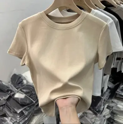 Elastic thread cotton European cargo shoulder casual solid color short-sleeved T-shirt for women 2024 New slim bottoming shirt top for women