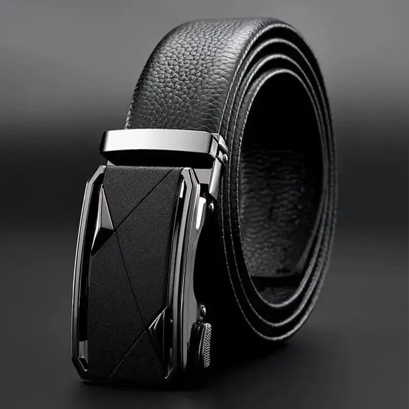 Men's Black Leather Belt with Automatic Buckle - Image 3