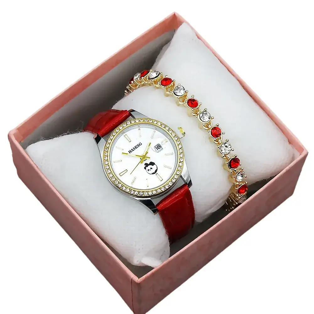 Women's Gold Crystal Bracelet Watch Set with Blue Strap - Image 32