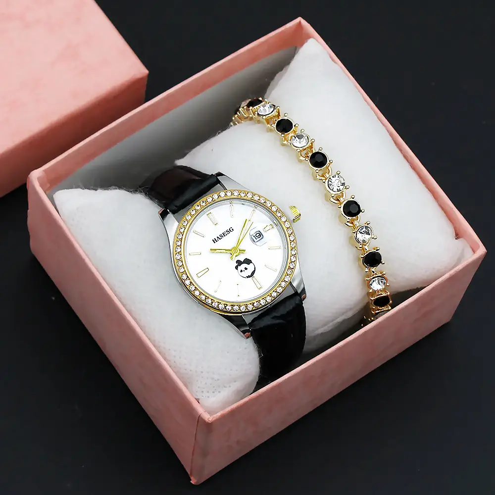 Women's Gold Crystal Bracelet Watch Set with Blue Strap — feature 10