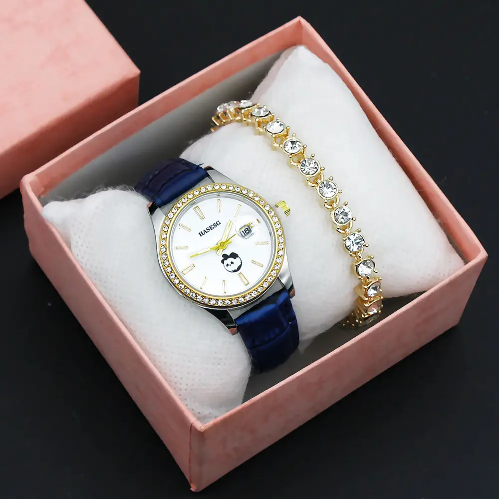Women's Gold Crystal Bracelet Watch Set with Blue Strap — feature 11