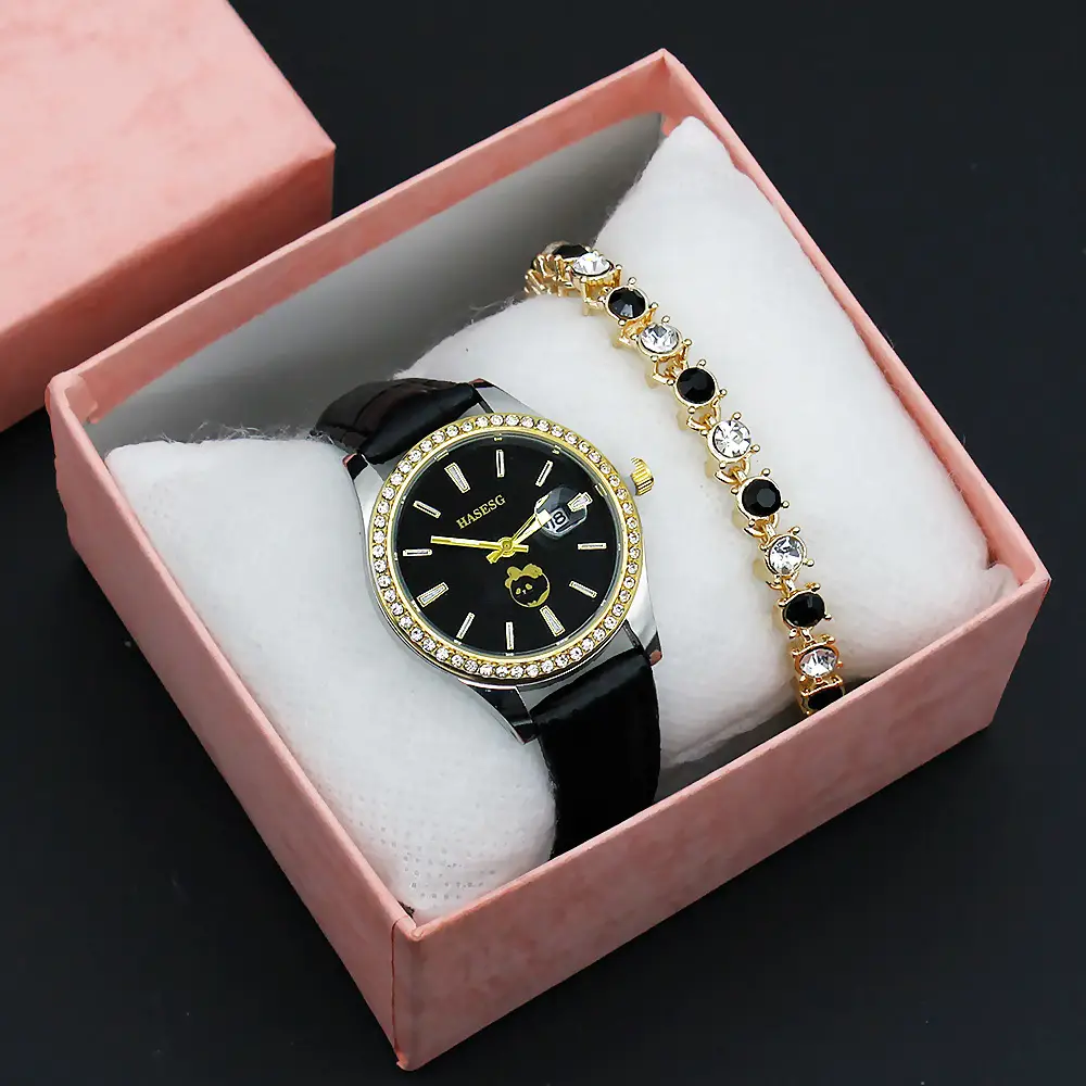 Women's Gold Crystal Bracelet Watch Set with Blue Strap — feature 13