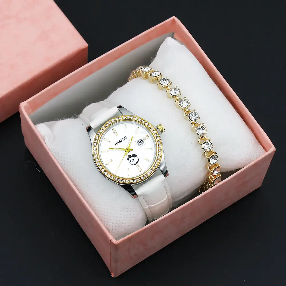 Women's Gold Crystal Bracelet Watch Set with Blue Strap — feature 14