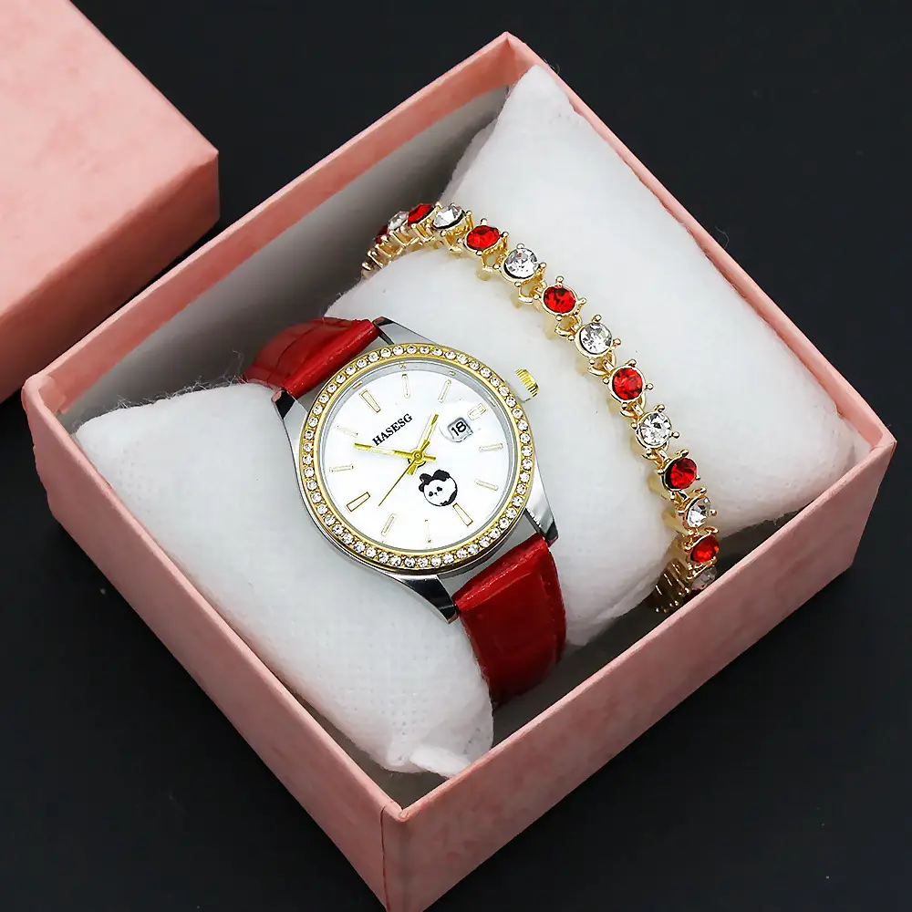 Women's Gold Crystal Bracelet Watch Set with Blue Strap — feature 15