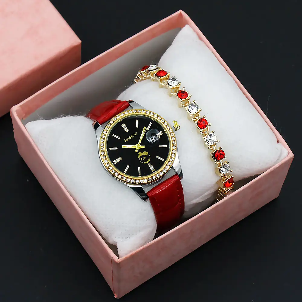 Women's Gold Crystal Bracelet Watch Set with Blue Strap — feature 17