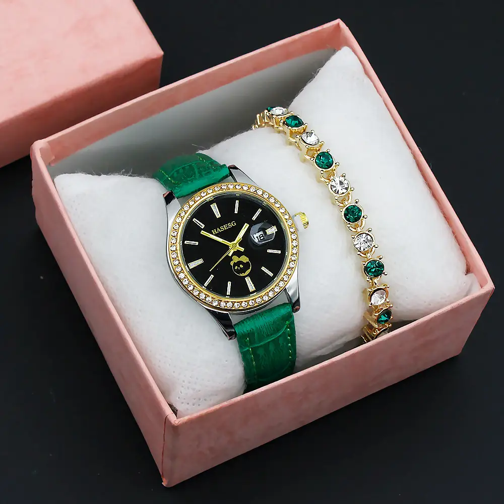 Women's Gold Crystal Bracelet Watch Set with Blue Strap — feature 8