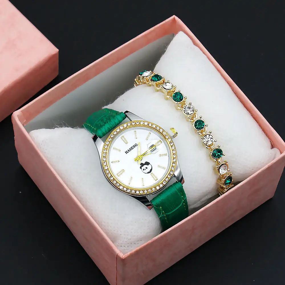 Women's Gold Crystal Bracelet Watch Set with Blue Strap — feature 9