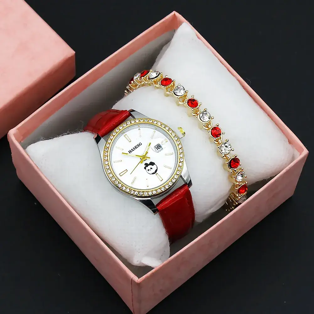 Women's Gold Crystal Bracelet Watch Set with Blue Strap - Image 10