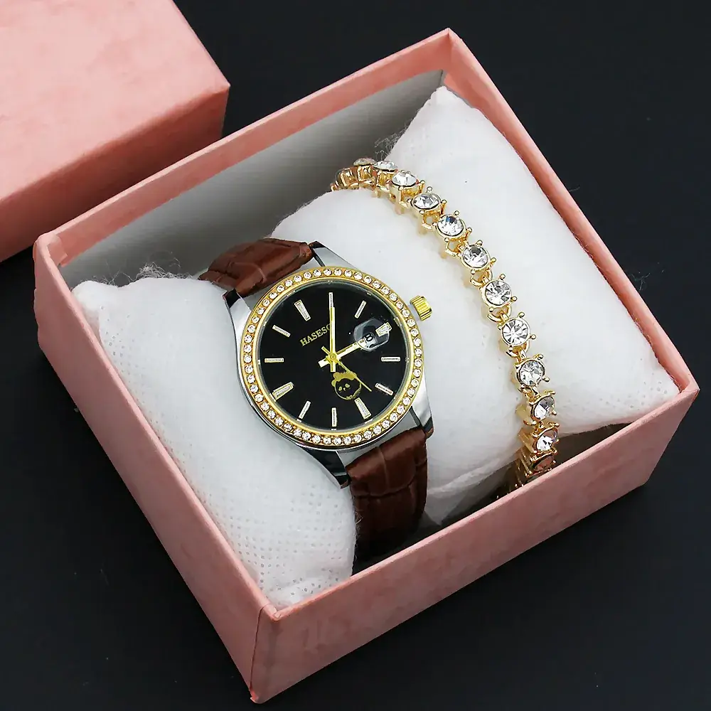 Women's Gold Crystal Bracelet Watch Set with Blue Strap - Image 2