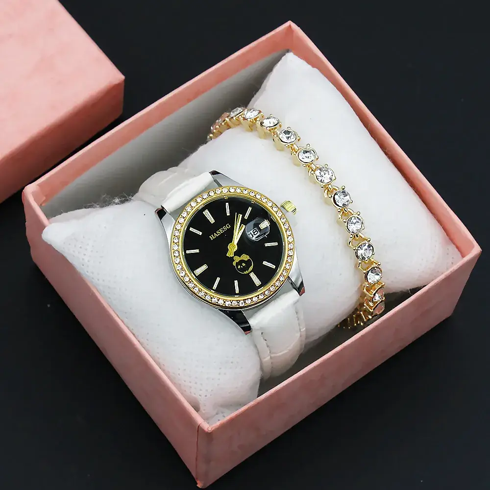 Women's Gold Crystal Bracelet Watch Set with Blue Strap - Image 5