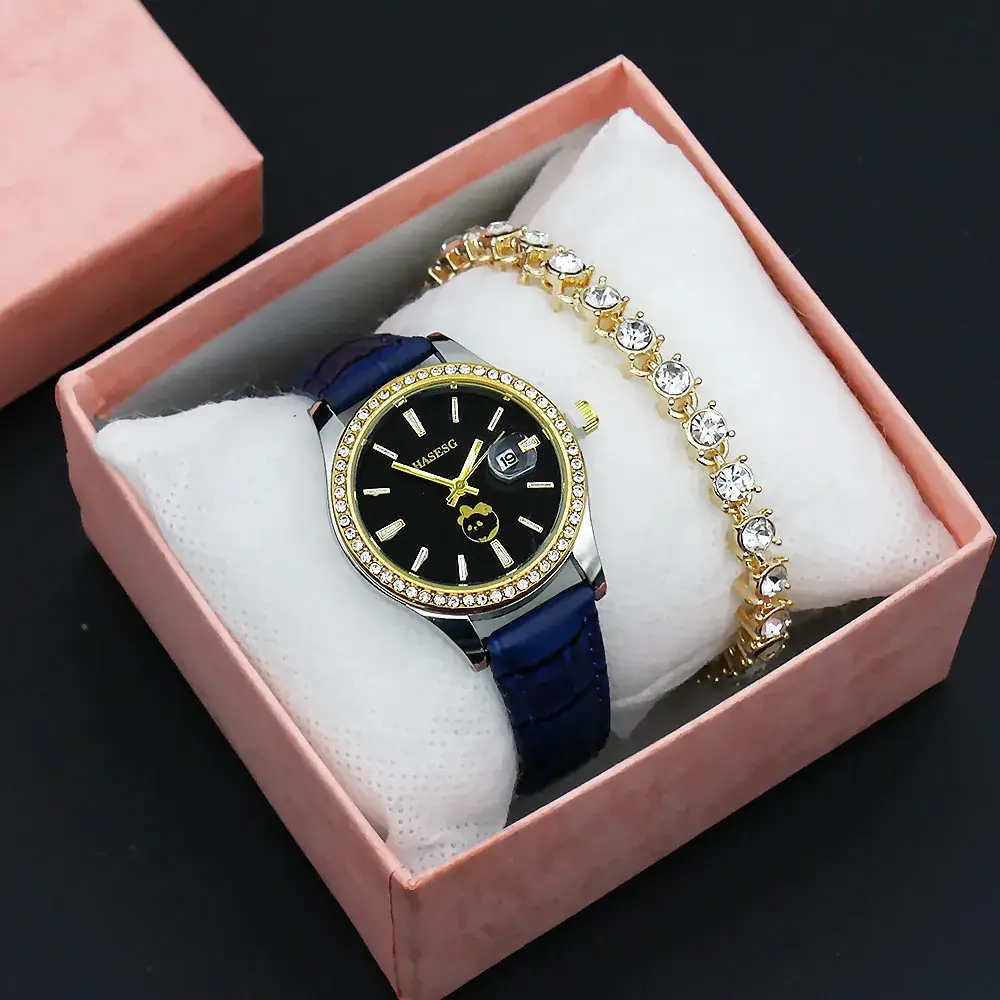 Women's Gold Crystal Bracelet Watch Set with Blue Strap - Image 6